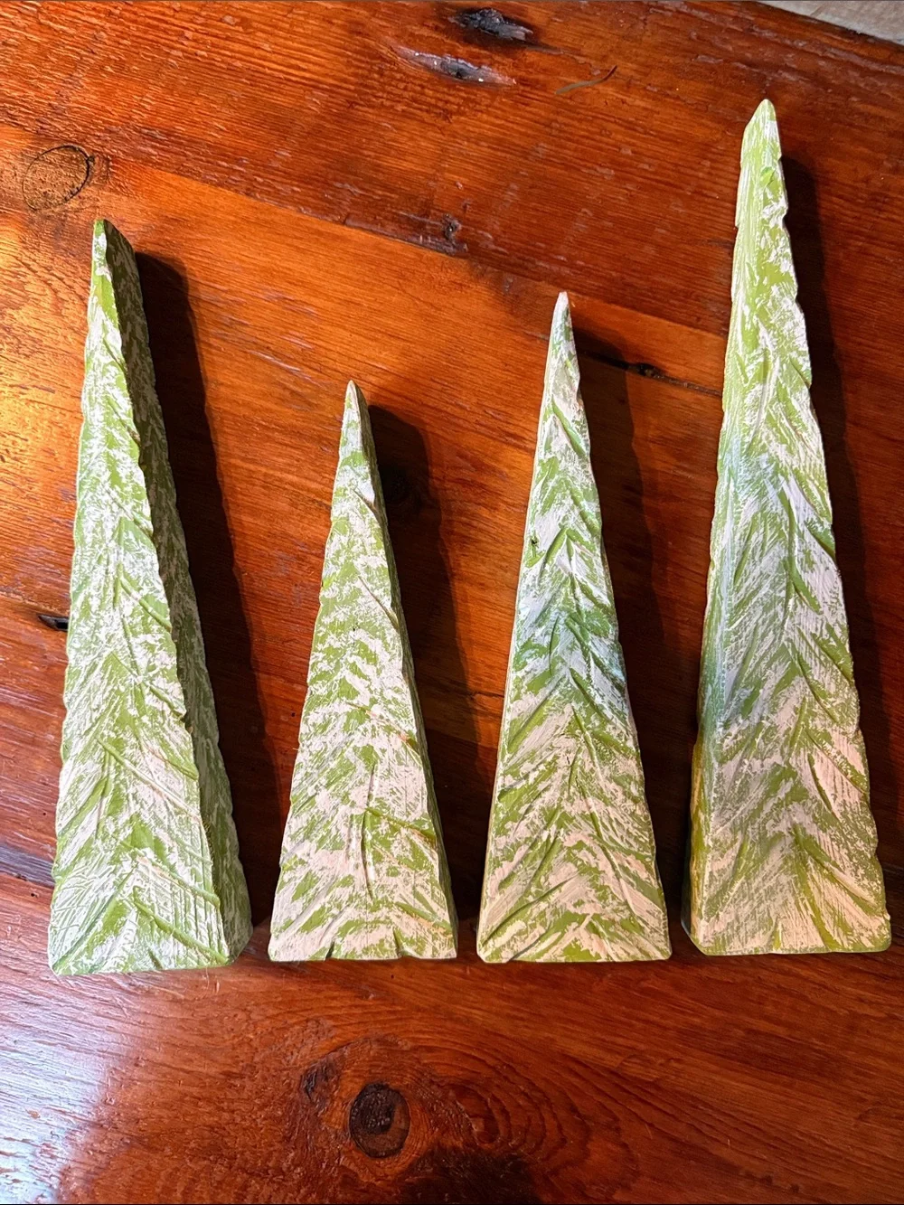 🌲 Handmade & Painted Snowy Green Holiday Trees Set of 4